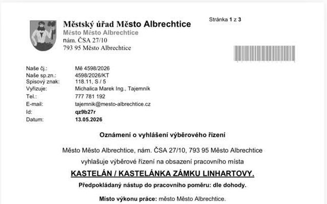 Výběrové řízení – kastelán zámku