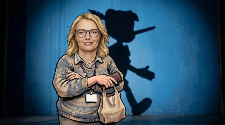 Kreslená karikatura ženy v brýlích, za ní na zdi stín Pinocchia.