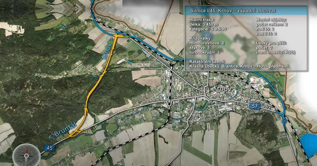 ma-zapadni-obchvat-krnov-mapa Mapa trasy západního obchvatu Krnova od silnice I/45 u Brantic po křižovatku v Chomýži.