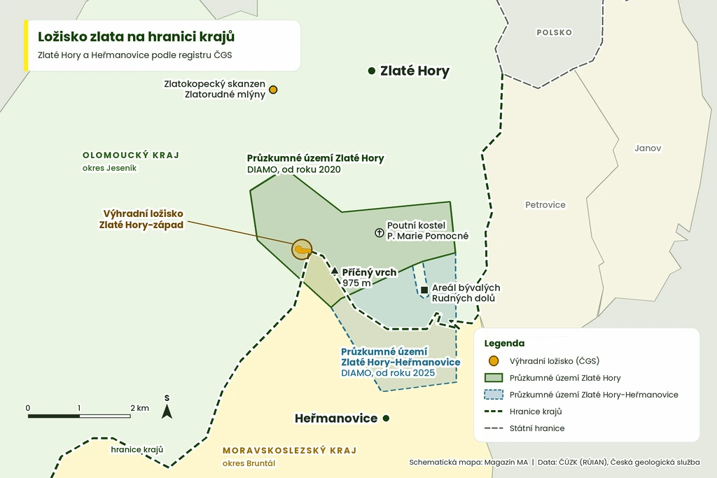 Ložisko zlata Zlaté Hory-západ - schematická mapa Schematická mapa Zlatých Hor a Heřmanovic s hranicí Olomouckého a Moravskoslezského kraje, ložiskem zlata Zlaté Hory-západ pod Příčným vrchem a průzkumnými územími Diama.