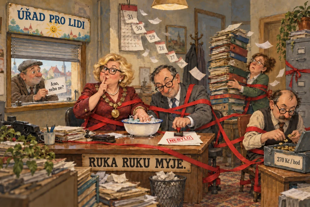 Satirická malovaná ilustrace: v kanceláři radnice jsou smyšlené postavy starostky, tajemníka a úředníků svázané červenou úřední páskou. Starostka si dává prst na ústa, tajemník razí na list „NEBYLO“, úředník počítá mince do kasy „270 Kč / hod“ a na stole stojí lavor s cedulkou „Ruka ruku myje“. Za okénkem „Úřad pro lidi“ čeká občan s lístkem „Ano, nebo ne?“.