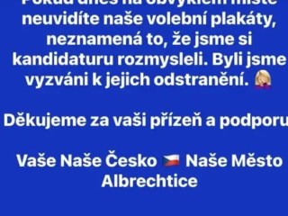 Vzkaz uskupení Naše Česko (Naše Město Albrechtice) voličům. Repro: sociální sítě